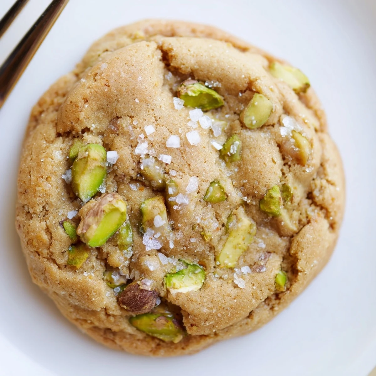 Stack of warm Salted Honey Pistachio Cookies on a cooling rack, their edges golden and centers chewy, topped with crushed pistachios and a touch of flaky sea salt.