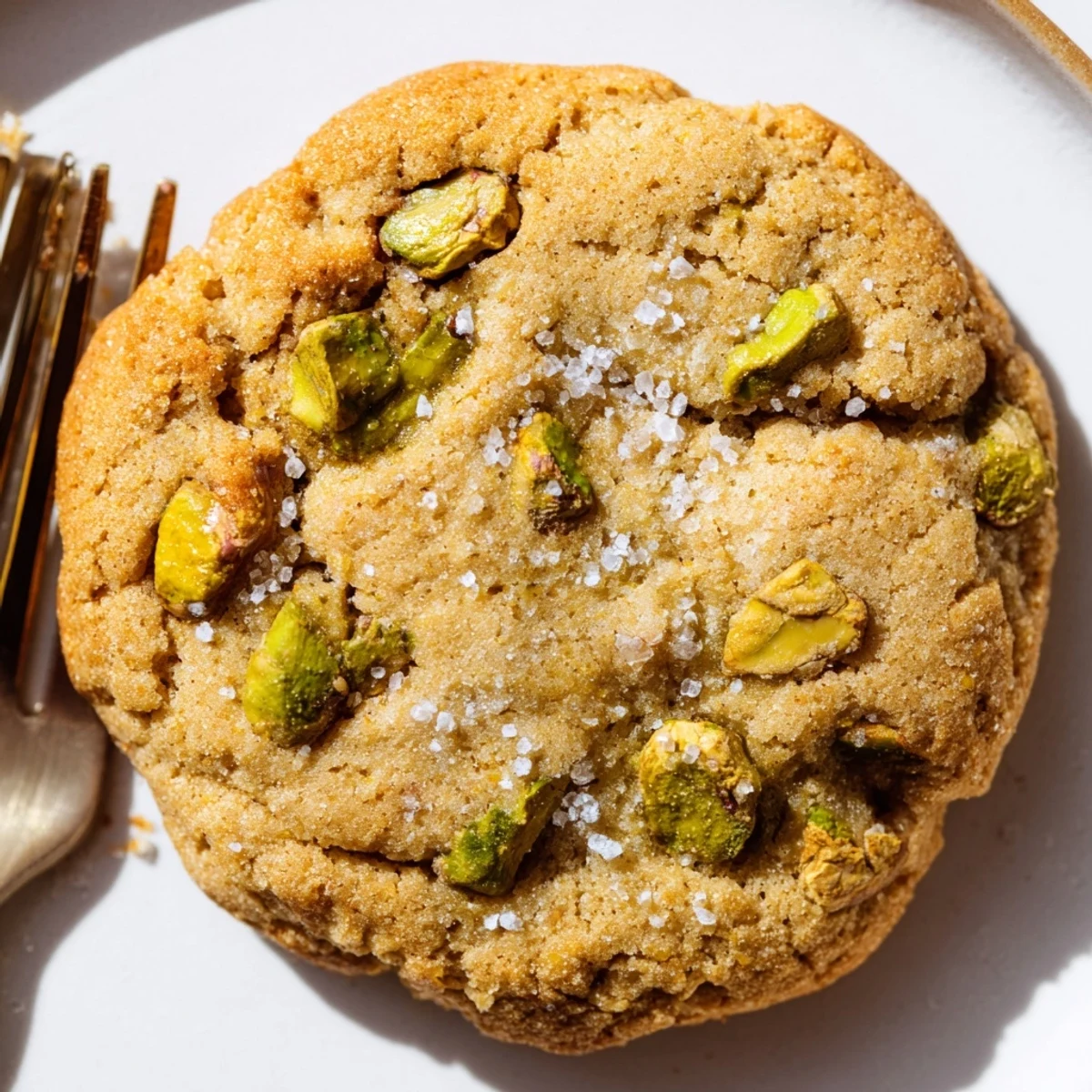 Close-up of Salted Honey Pistachio Cookies showing the tender crumb texture and glistening honey glaze, with pistachio pieces and sea salt crystals.