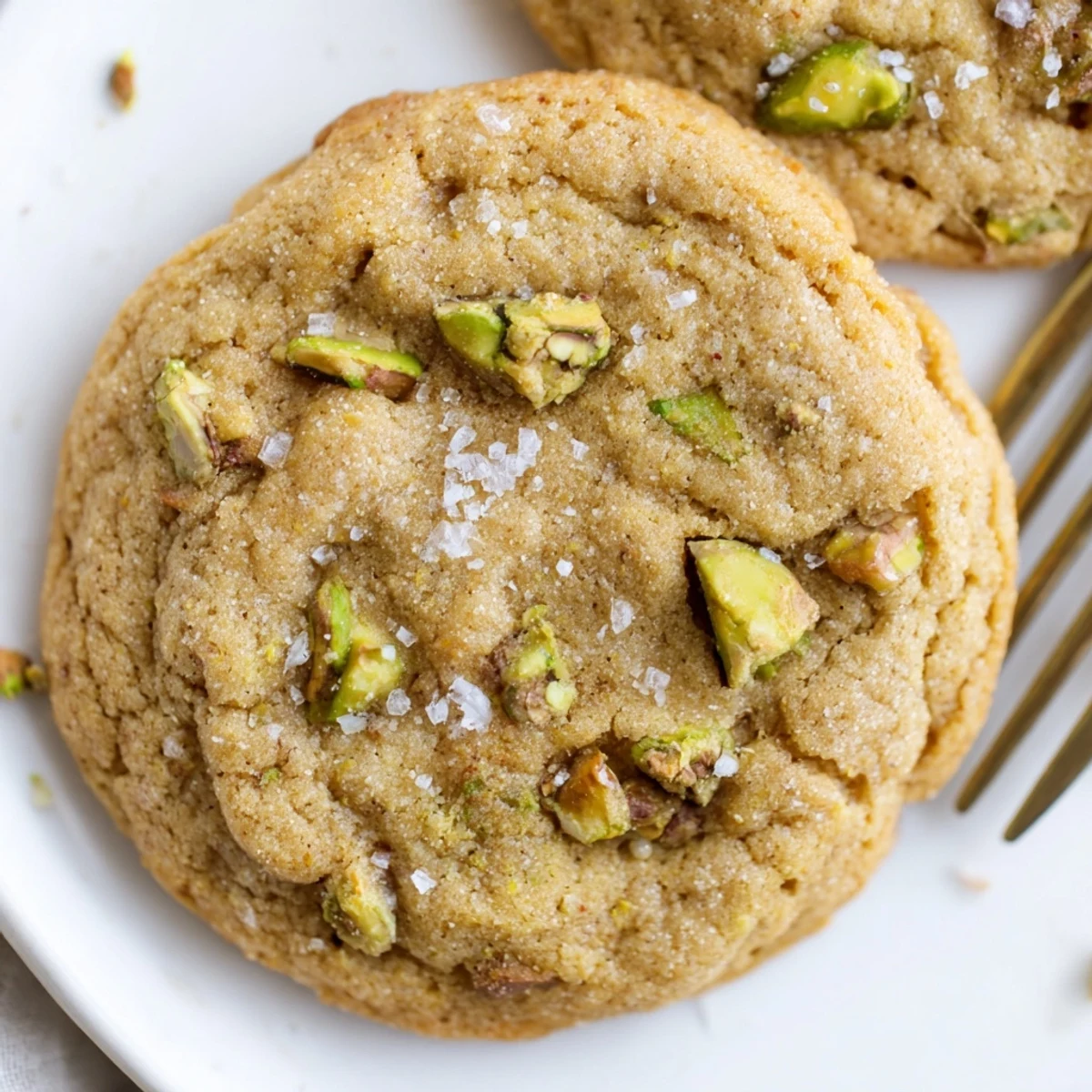 Freshly baked Salted Honey Pistachio Cookies arranged on a white plate beside a cup of coffee, ready for an afternoon treat.