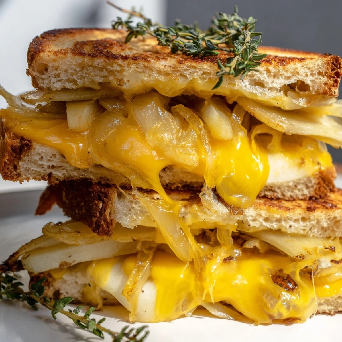 Golden grilled cheese sandwich with slices of pear and apple, melted cheddar, and caramelized onions on buttery sourdough.