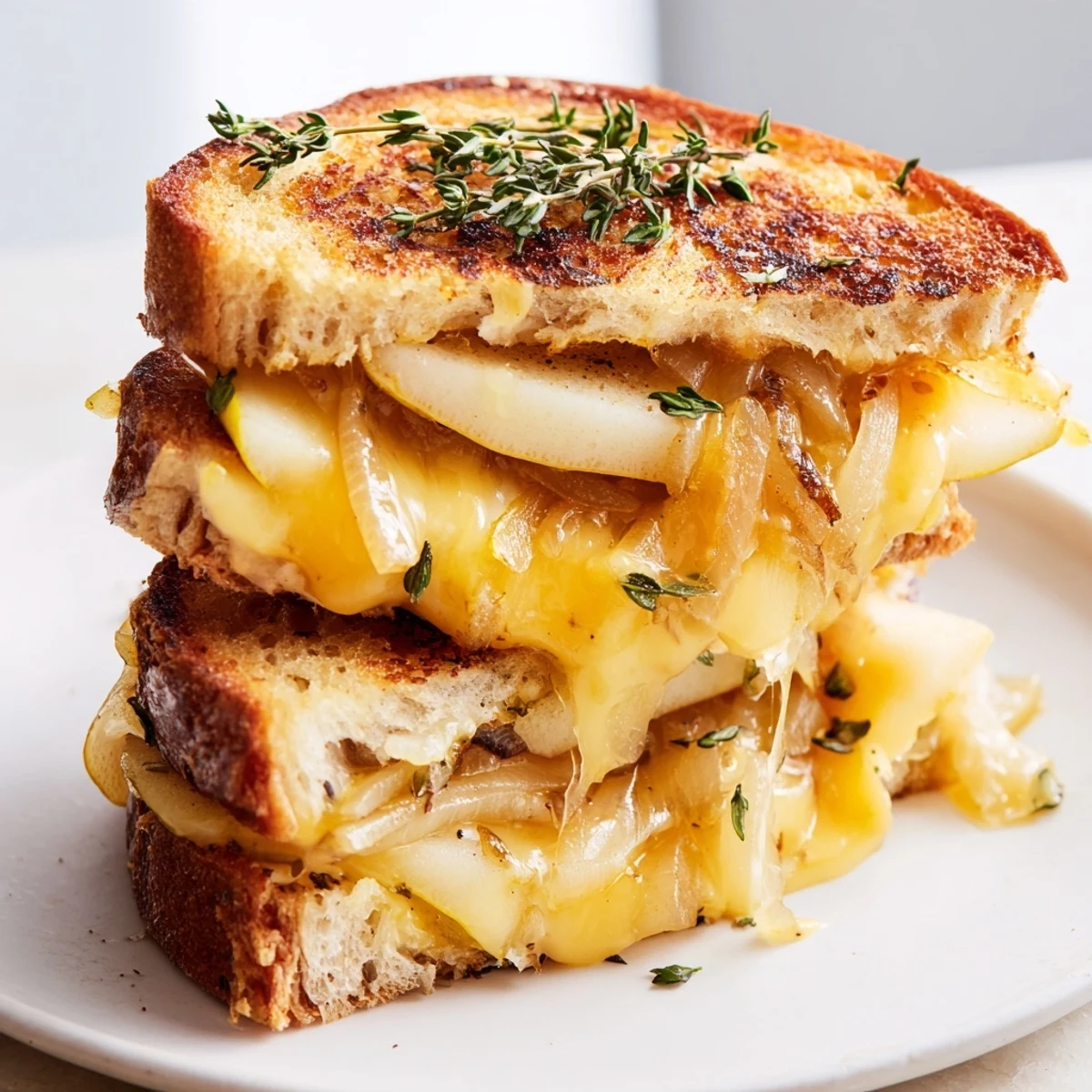 Gooey cheddar and sweet fruit slices nestled between crispy buttered bread, topped with savory caramelized onions for a gourmet twist.