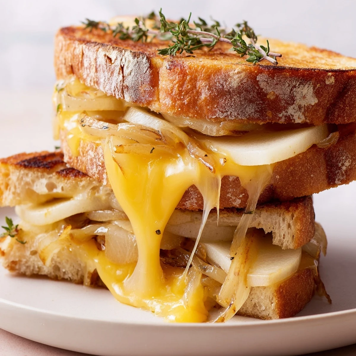 Close-up of a warm vegetarian grilled cheese with pear, apple, and caramelized onions, ready to serve with fresh thyme.