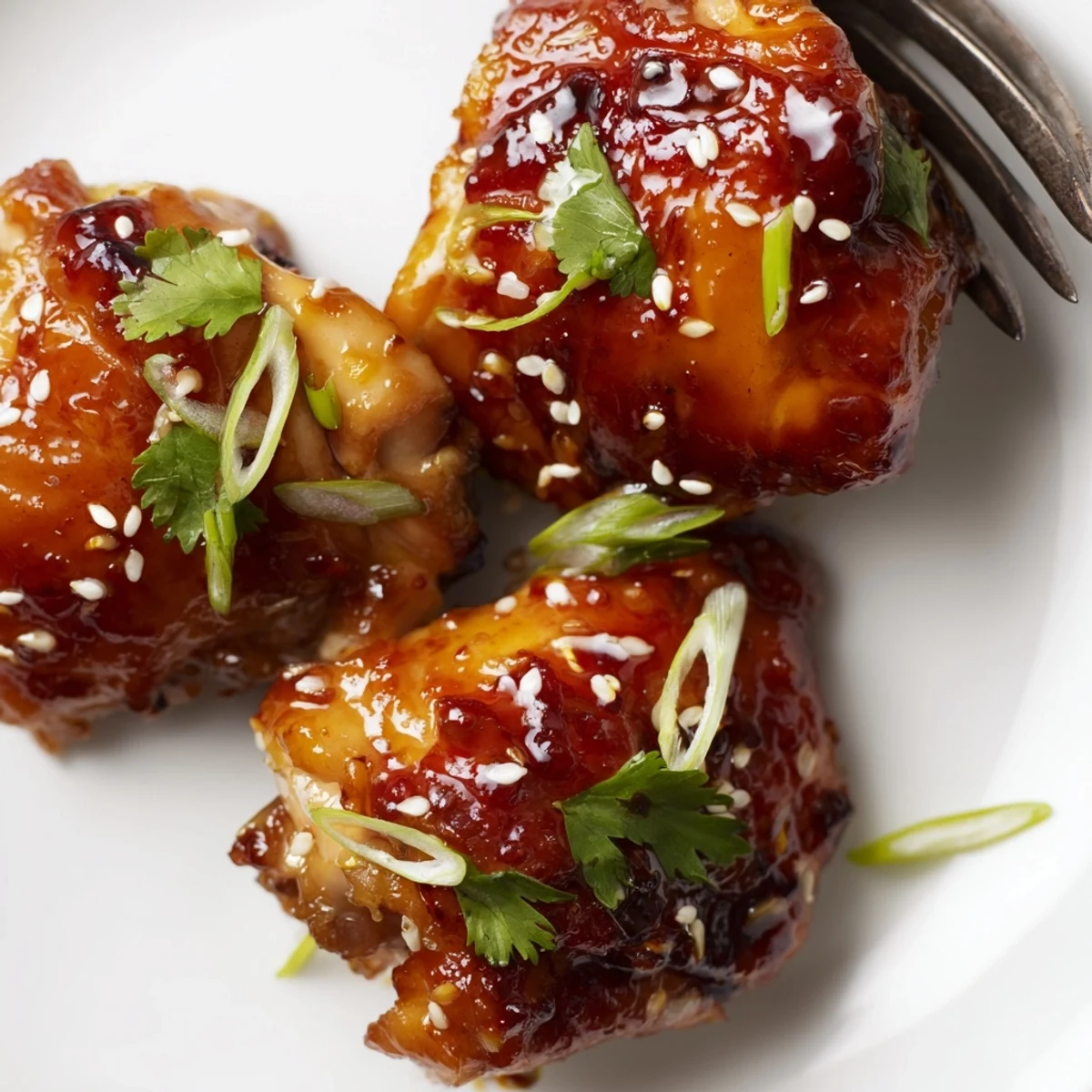 Glistening sweet and spicy Thai chicken pieces glazed in a vibrant sauce, served over a bed of fluffy jasmine rice.