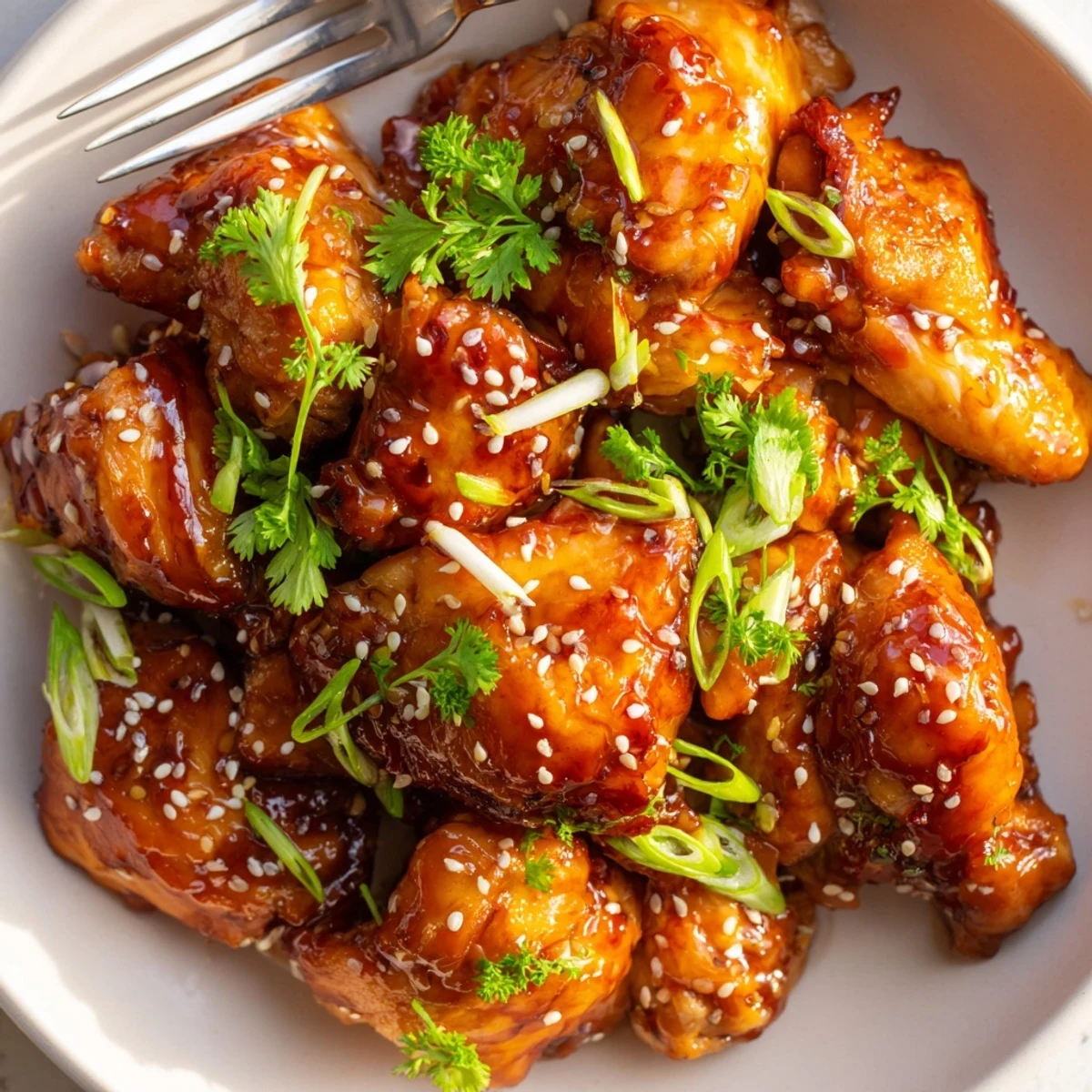 A close-up view of sweet and spicy Thai chicken with fresh cilantro and sesame seeds, steaming beside lime wedges.