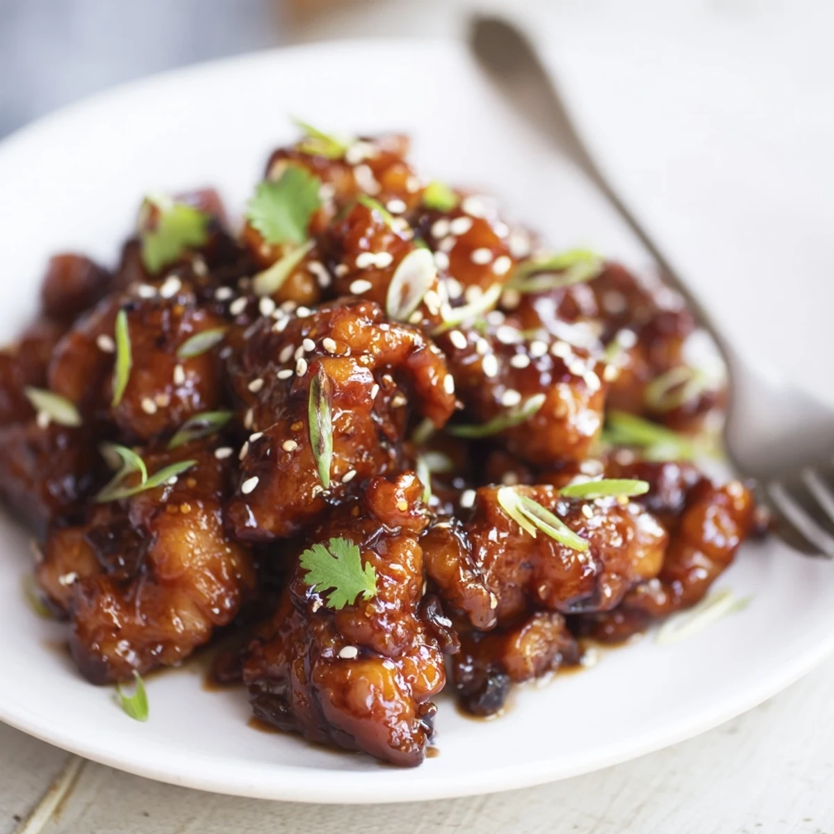 Tender, golden-brown sweet and spicy Thai chicken tossed with green onions, ready to be enjoyed with noodles or steamed rice.