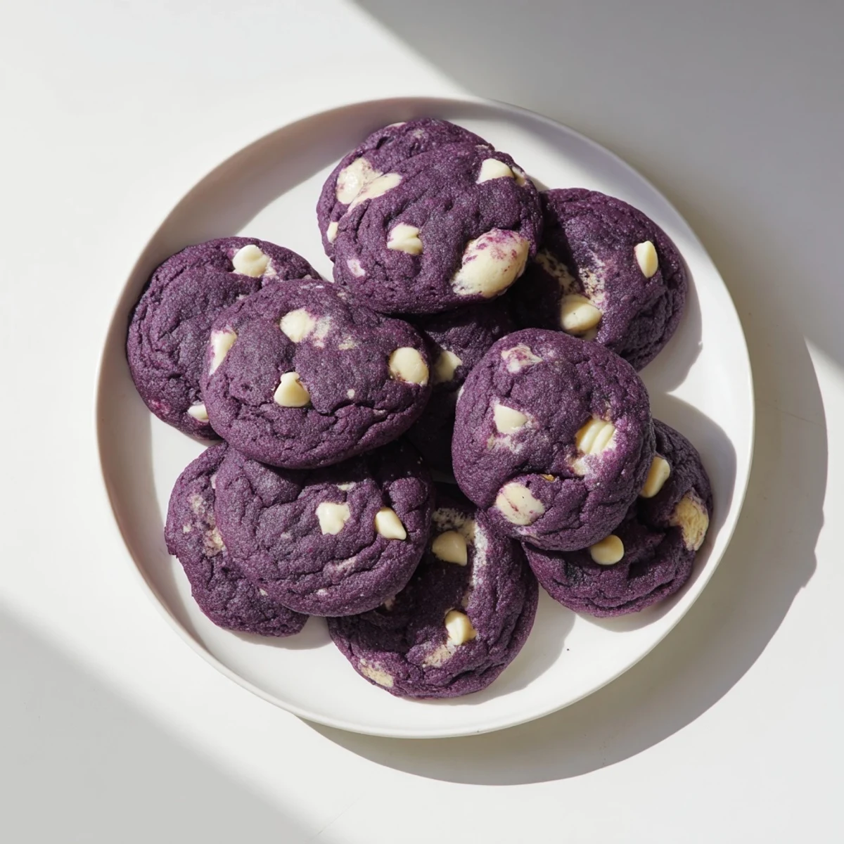 Vibrant purple White Chocolate Ube Cookies baked with ube halaya and creamy white chocolate chips.