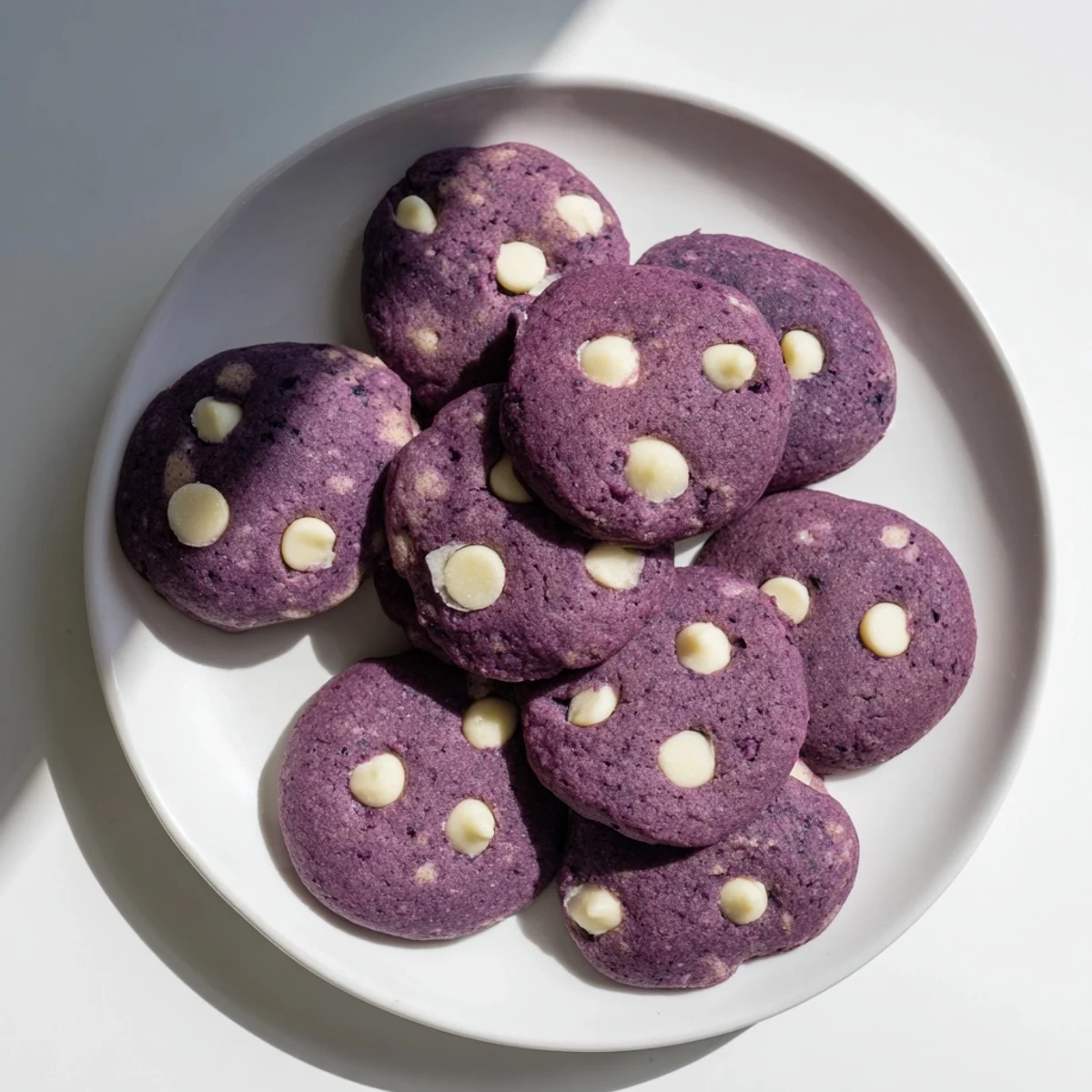 Warm White Chocolate Ube Cookies are cooled on a wire rack with a rich vanilla aroma.