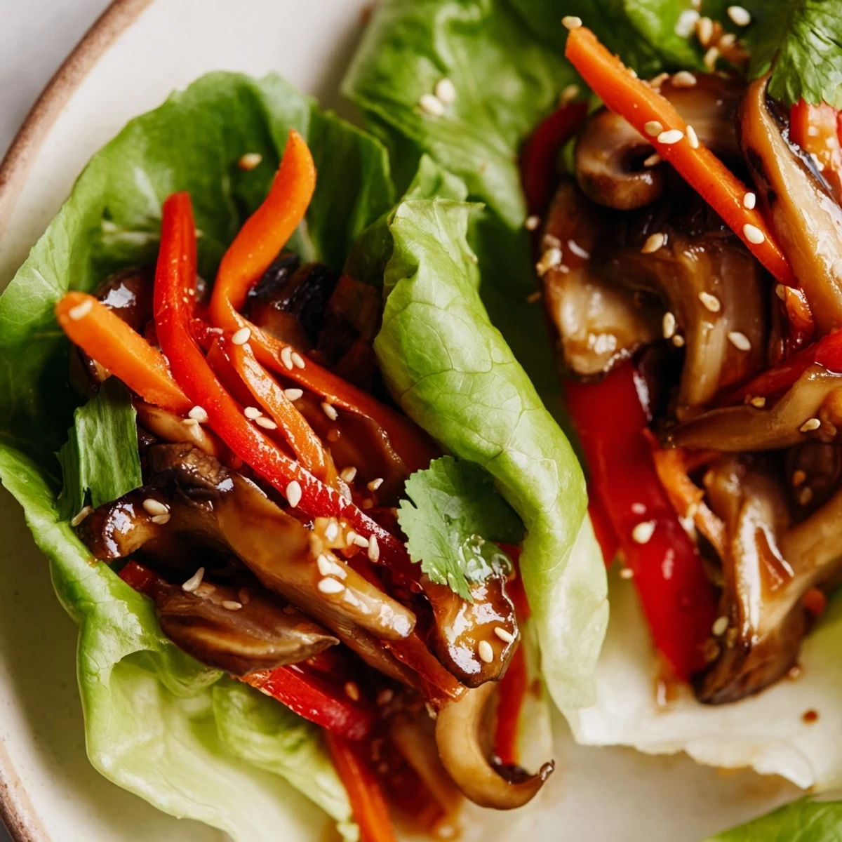 Crisp butter lettuce leaves filled with savory sautéed shiitake mushrooms and fresh veggies.