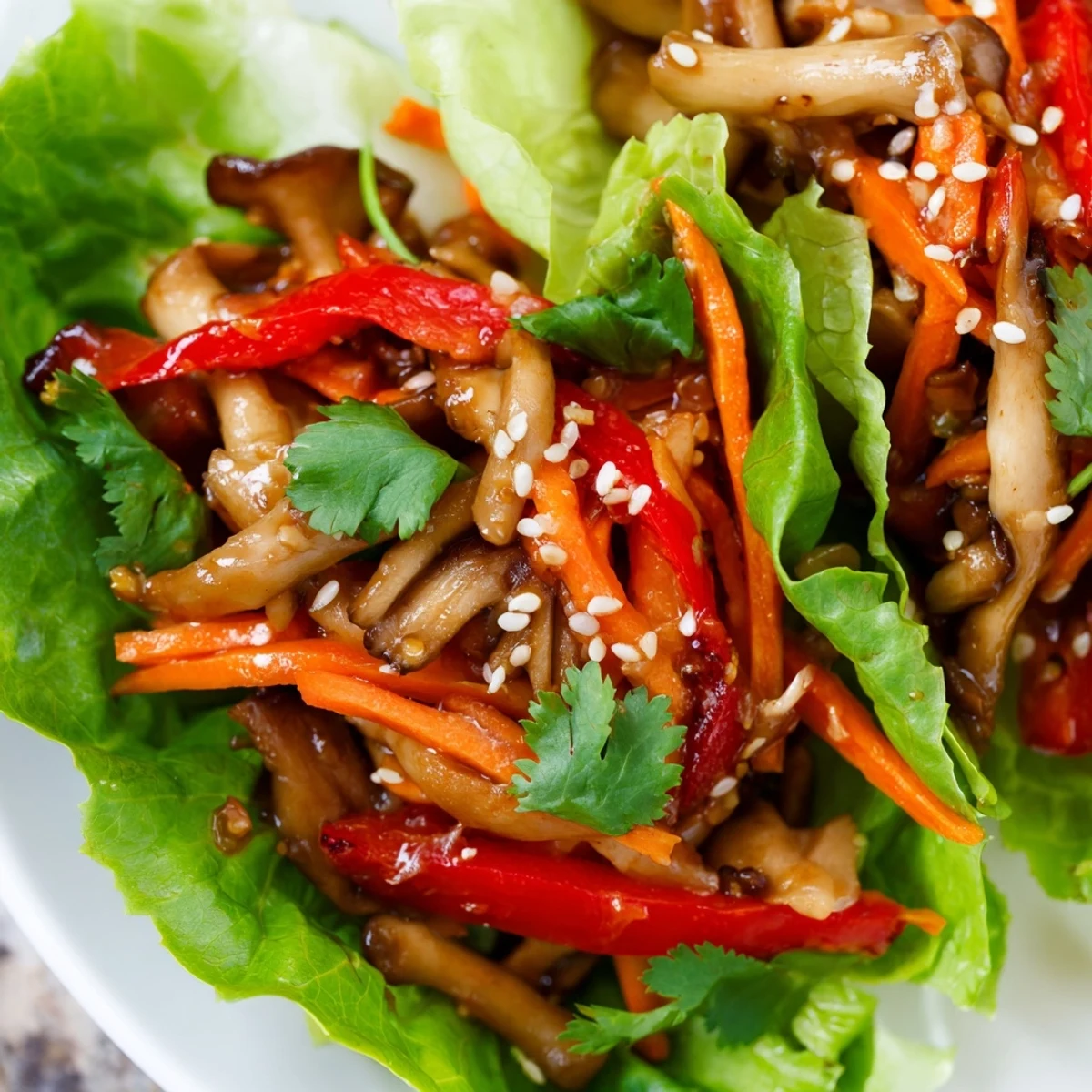 Sizzling shiitake mushroom mixture being spooned into a fresh leaf for a light bite.
