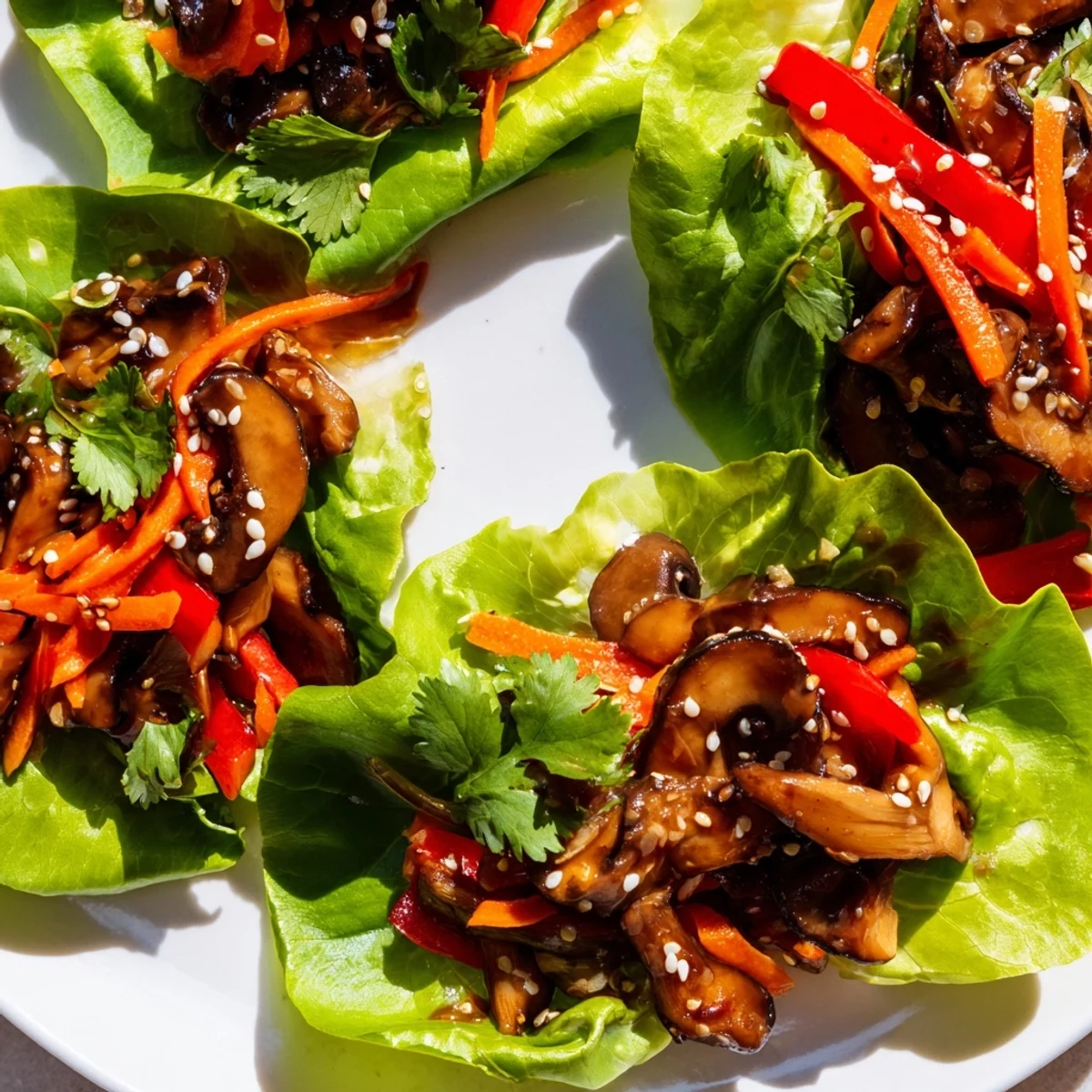 Shiitake Mushroom Lettuce Wraps served hot with Asian-inspired flavors and a garnish of sesame seeds.