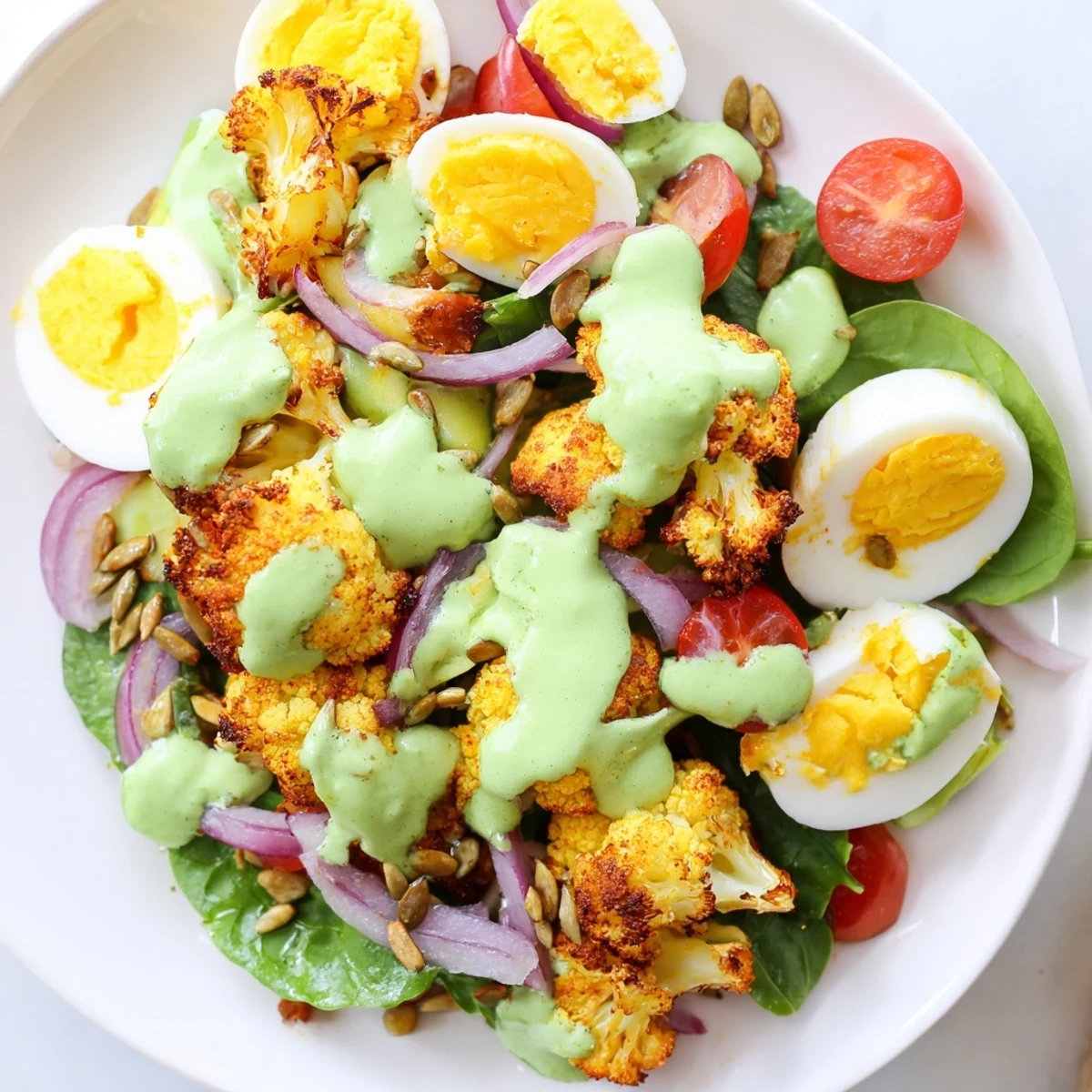 Golden roasted cauliflower florets and halved hard-boiled eggs are arranged over fresh greens, ready for a drizzle of creamy avocado dressing.
