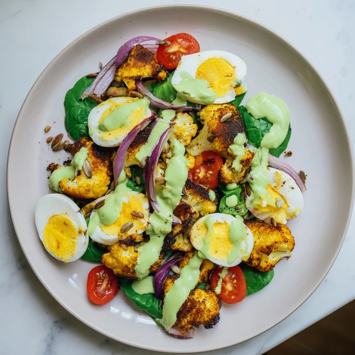 The roasted cauliflower and egg salad sits on a white plate, with creamy avocado dressing drizzled over baby spinach, cherry tomatoes, and halved hard-boiled eggs.