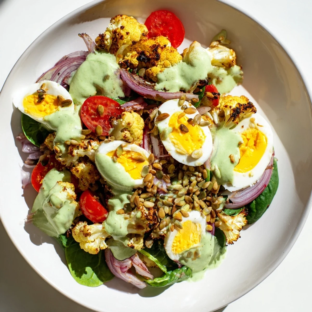A close-up of the roasted cauliflower and egg salad showcases sliced red onion, juicy tomatoes, and avocado dressing on a bed of spinach.