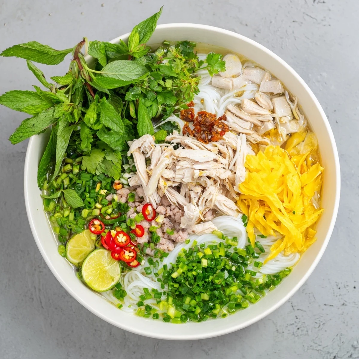 Close-up of Bun Thang featuring tender chicken, vermicelli, and aromatic garnishes ready to be enjoyed.