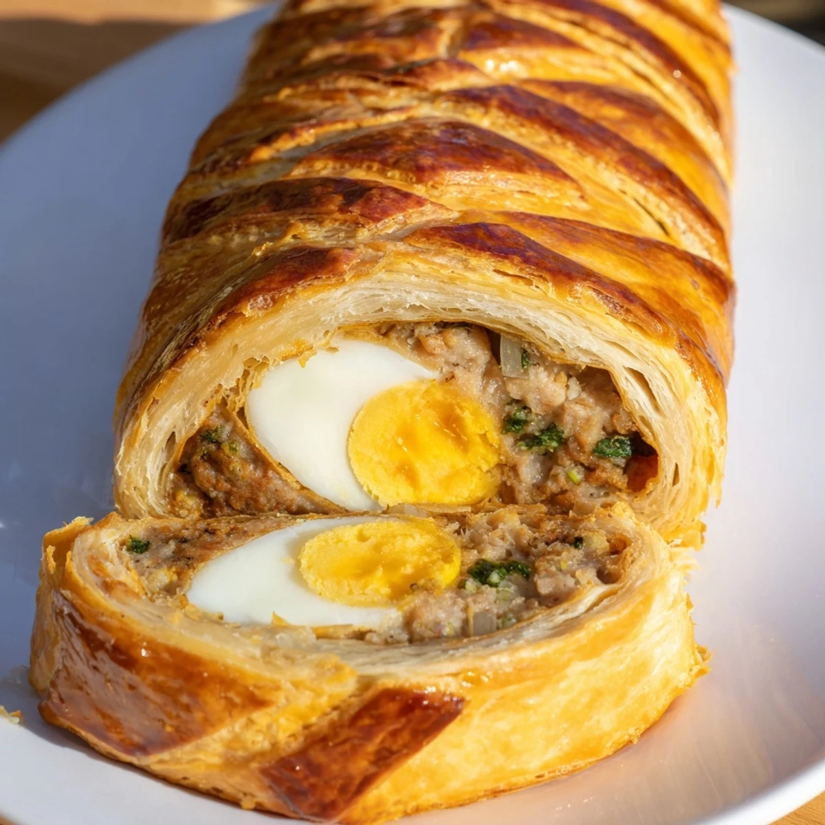 This Giant Chorizo and Egg Sausage Roll is sliced thick, showing layers of seasoned pork and vibrant yolks, ready to be served with grainy mustard on the side.