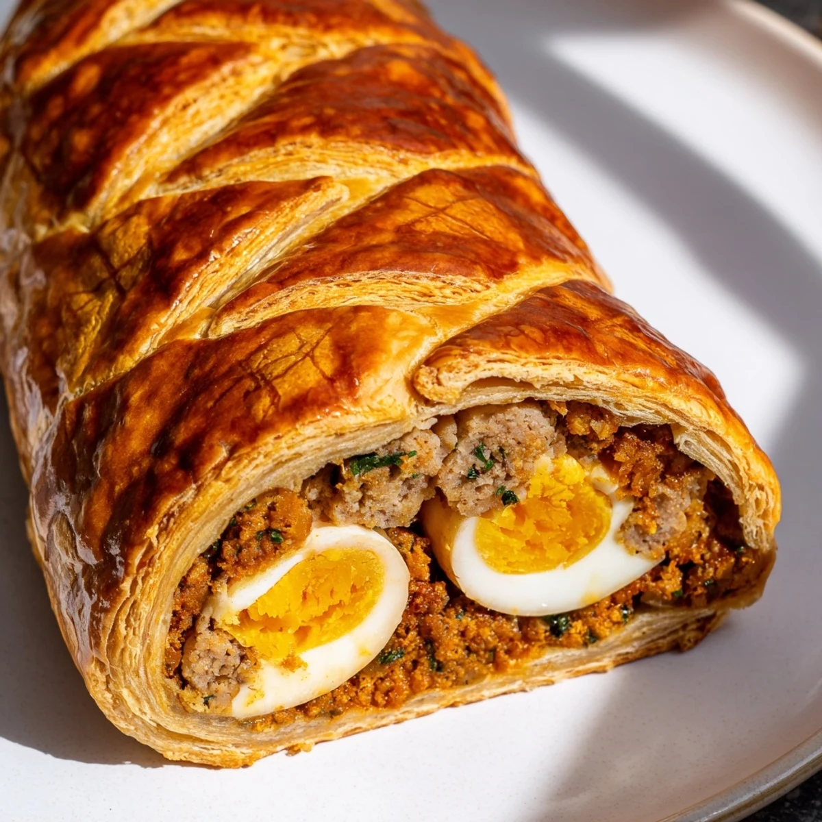 A close-up of the Giant Chorizo and Egg Sausage Roll with golden, flaky puff pastry brushed with egg wash, revealing juicy chorizo and a slice of soft-boiled egg.