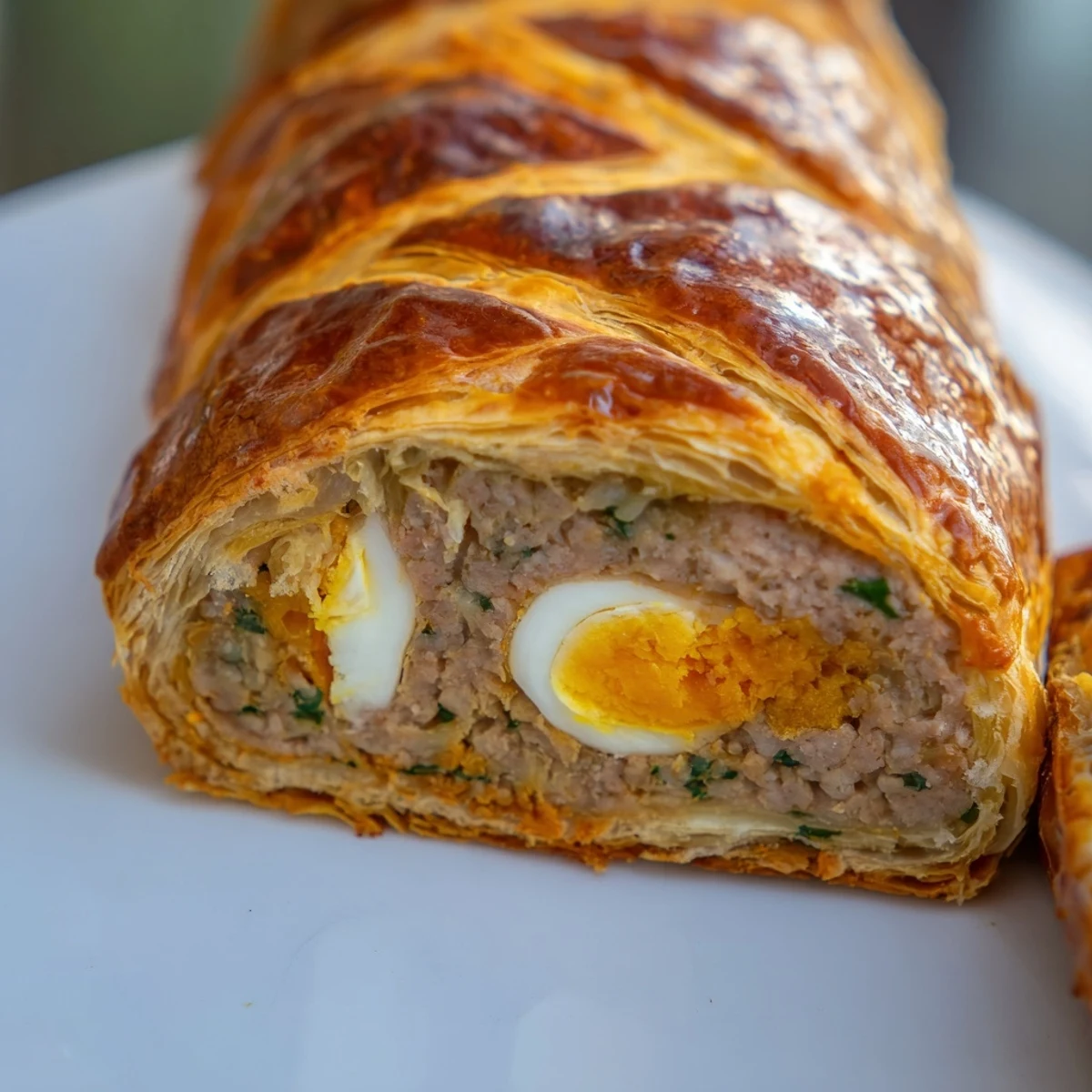 Overhead view of the Giant Chorizo and Egg Sausage Roll on a rustic platter, garnished with fresh parsley and a side salad for a complete brunch presentation.
