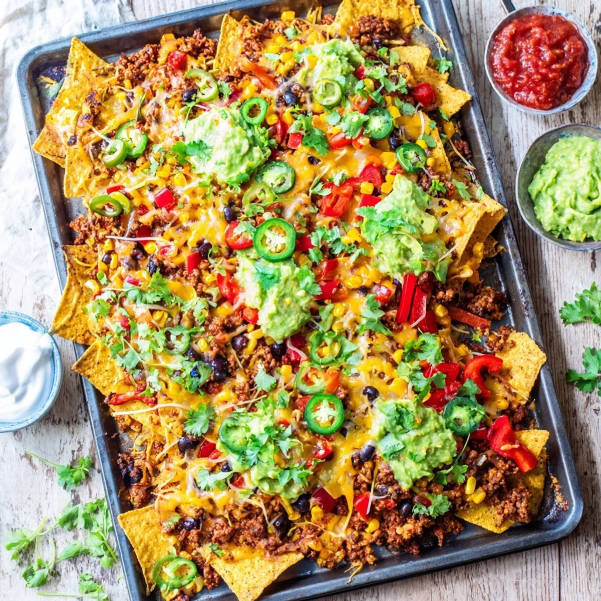 A close-up of the Family Nachos Tray Bake, golden melted cheese bubbling over crispy chips loaded with seasoned beef, black beans, and jalapeños.