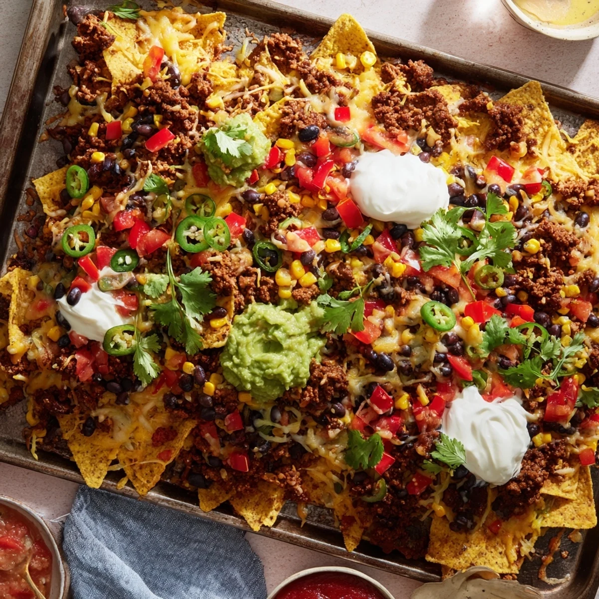 Perfect for game night, this Family Nachos Tray Bake features colorful toppings and melted cheese on a large baking sheet ready to share.