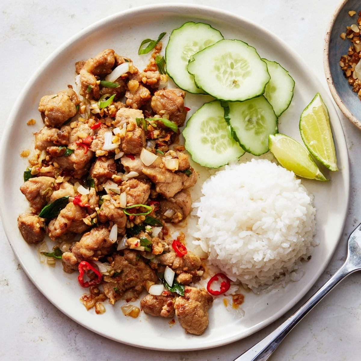 Fragrant Vietnamese Lemongrass Chicken served over jasmine rice with fresh cucumber slices and lime wedges.