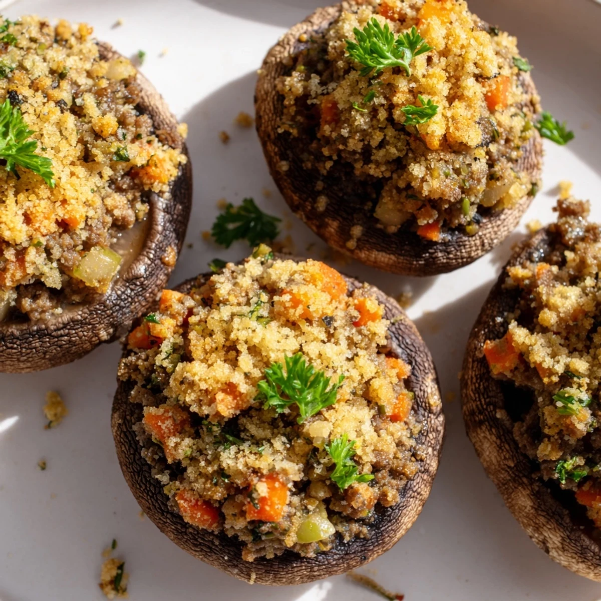 A close-up of Savoury Mince Stuffed Mushrooms showcasing juicy portobello caps topped with fresh parsley garnish.