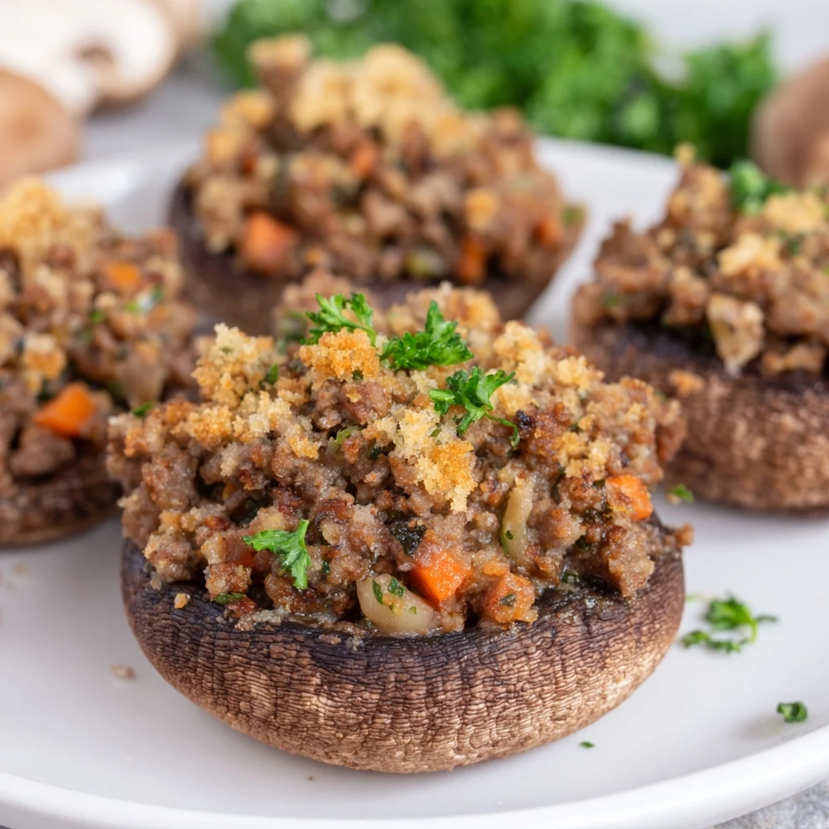 Golden-baked Savoury Mince Stuffed Mushrooms with herbed beef filling and crispy breadcrumbs on a rustic platter.