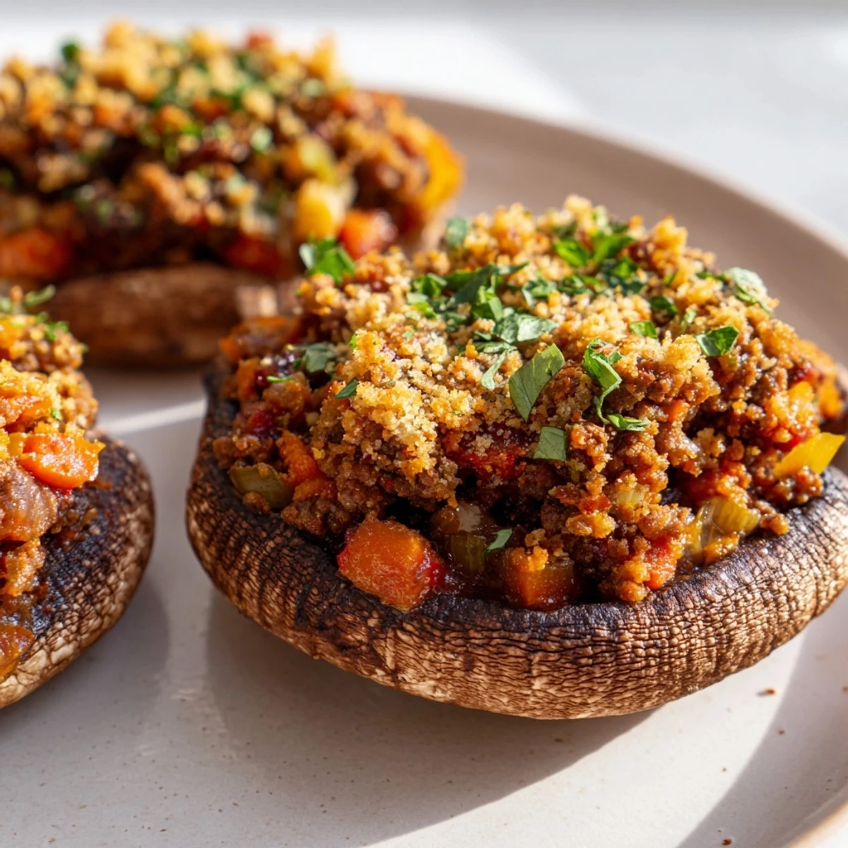 Savory Mince Stuffed Mushrooms served warm as an appetizer, perfect for a U.S. dinner party spread.