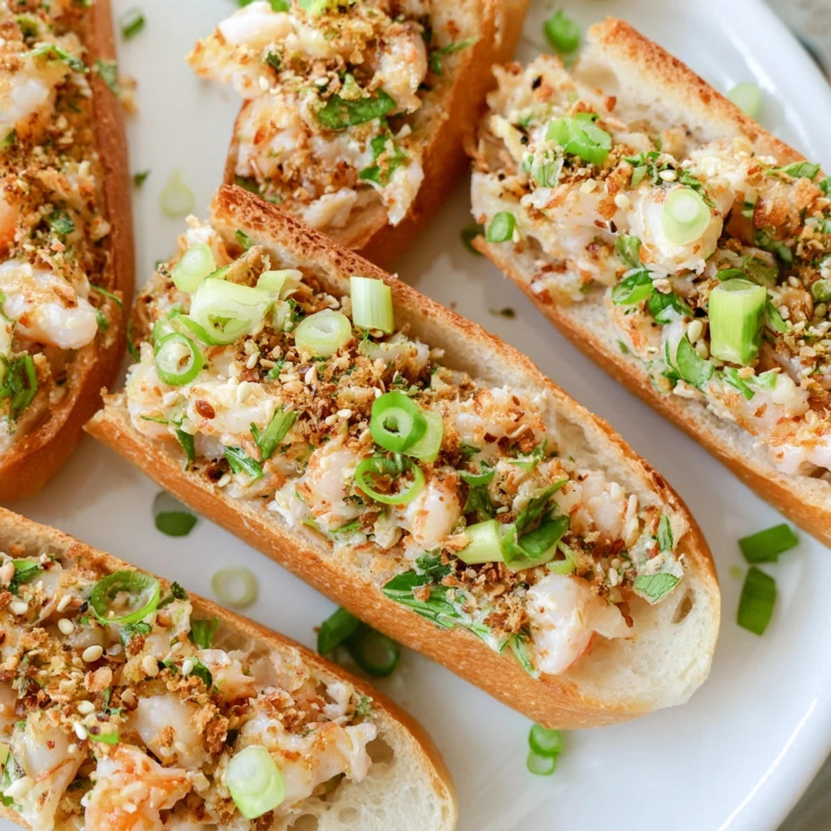 Golden, crispy baguette slices are topped with a spicy Cajun shrimp mixture and garnished with cilantro and lime wedges, Vietnamese Cajun Shrimp Toast ready to serve.