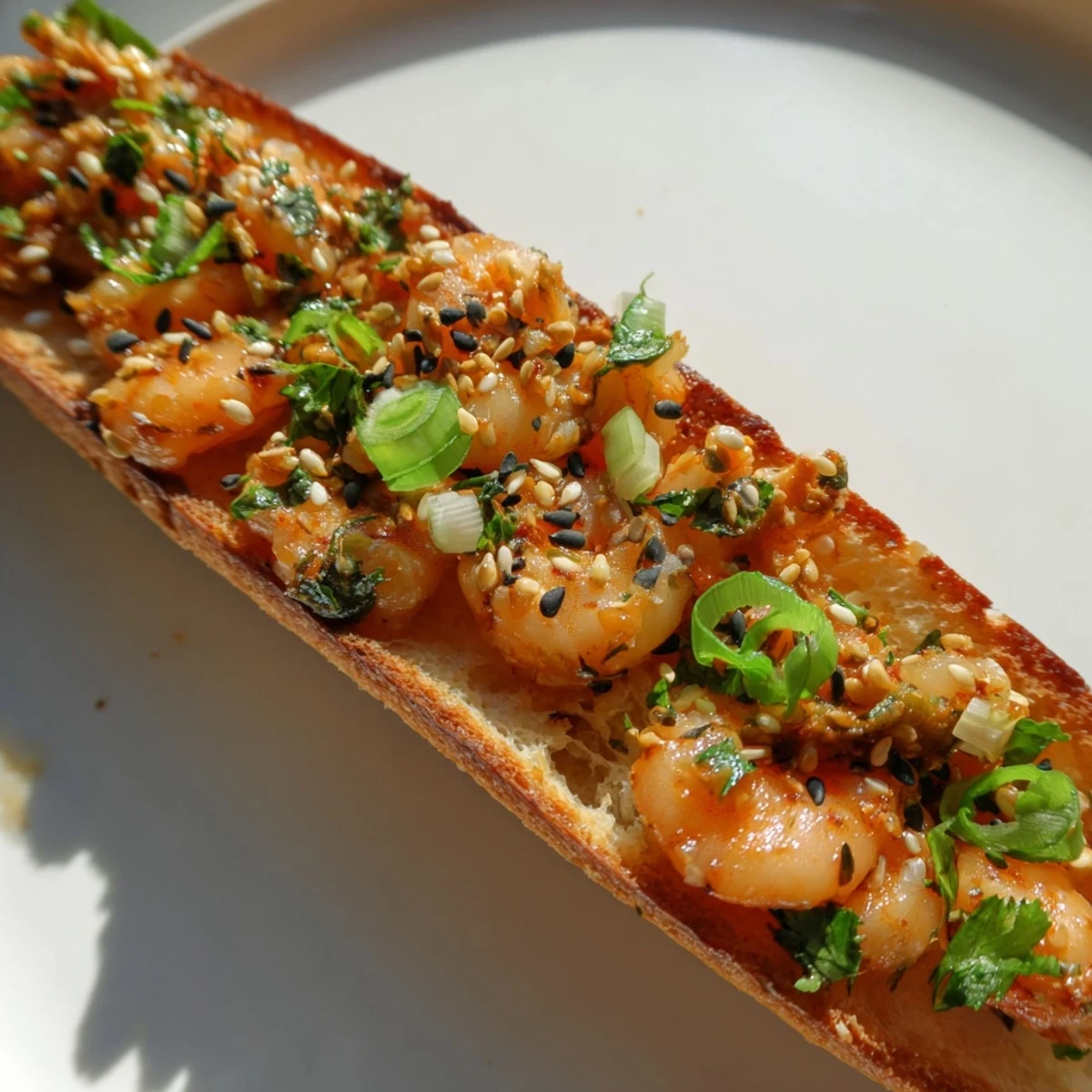 A close-up shows baked toasts with juicy shrimp, sesame seeds, and a side of lime, perfect for a party platter of Vietnamese Cajun Shrimp Toast.