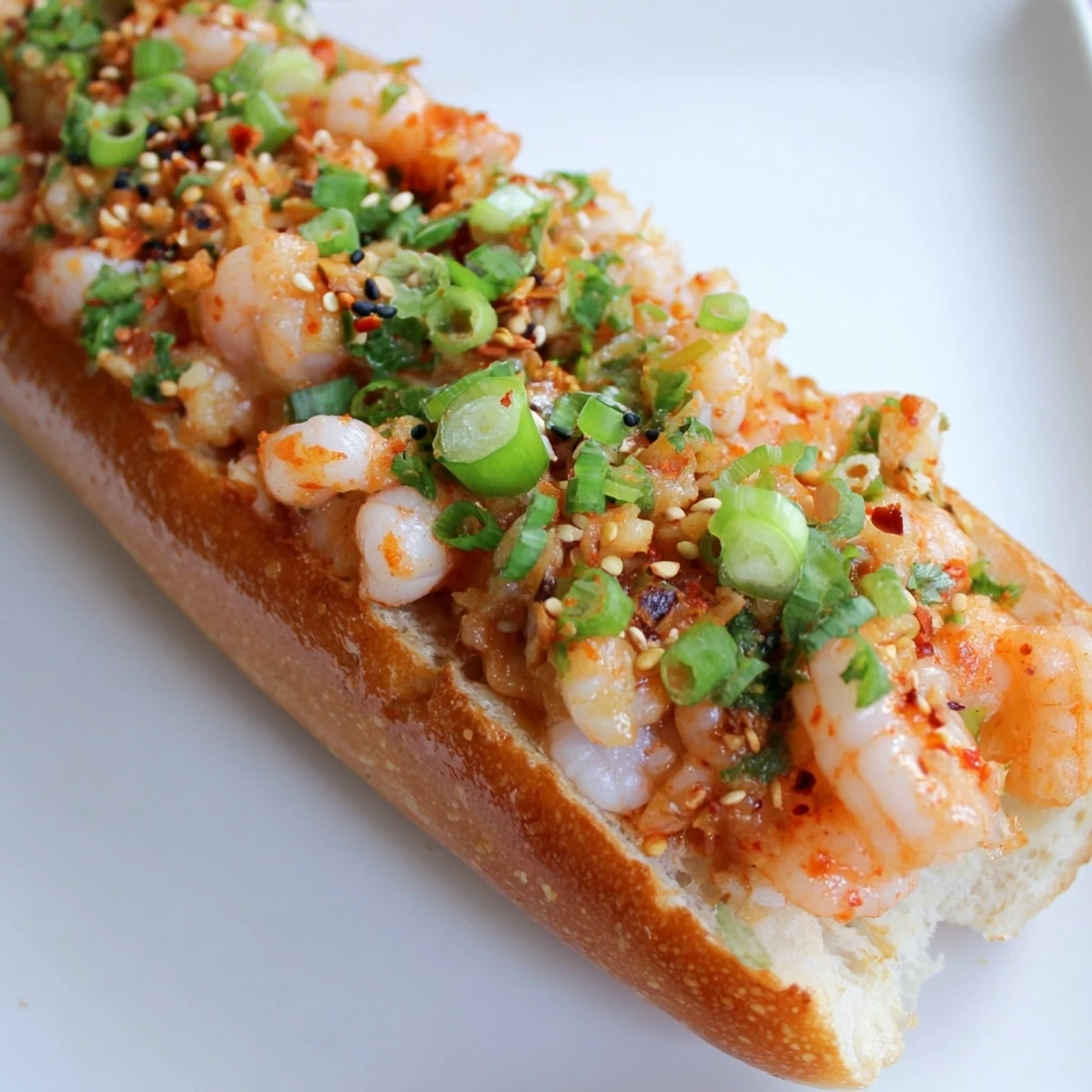 On a rustic wooden board, the appetizer features toasted bread with a vibrant shrimp blend and green onions, highlighting the Vietnamese Cajun Shrimp Toast.