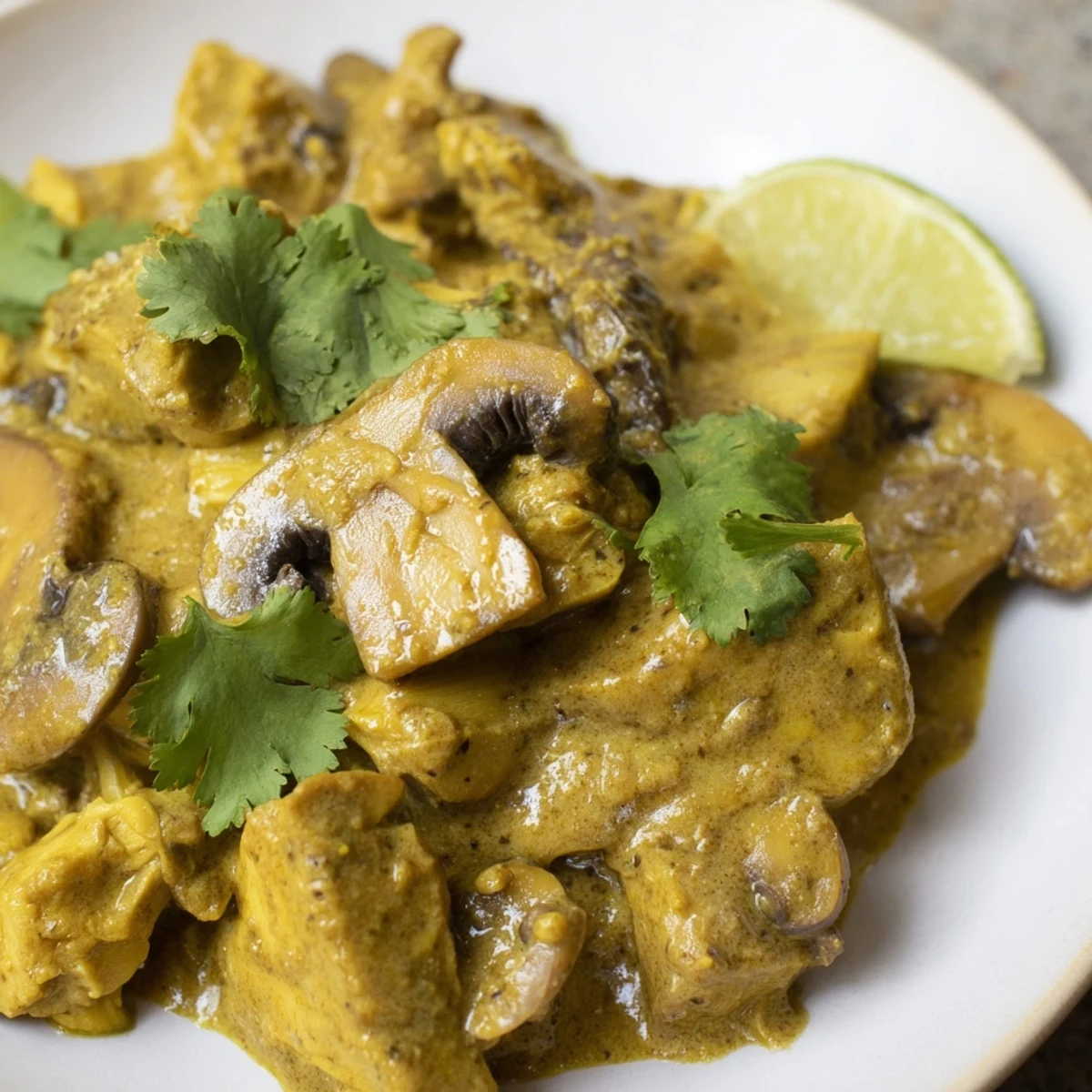 A vibrant serving of Jackfruit and Mushroom Balinese Curry in a rustic ceramic bowl.