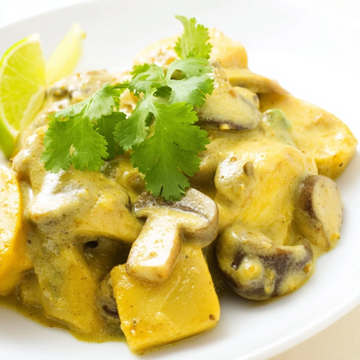 Fragrant Jackfruit and Mushroom Balinese Curry with tender vegetables and coconut sauce.