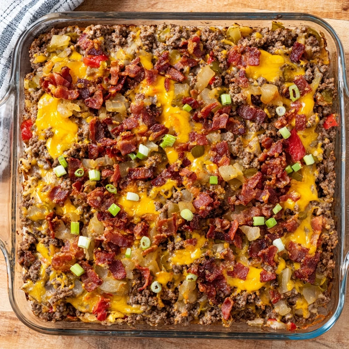 A slice of Low Carb Bacon Cheeseburger Casserole on a plate with melted cheddar and crispy bacon pieces.