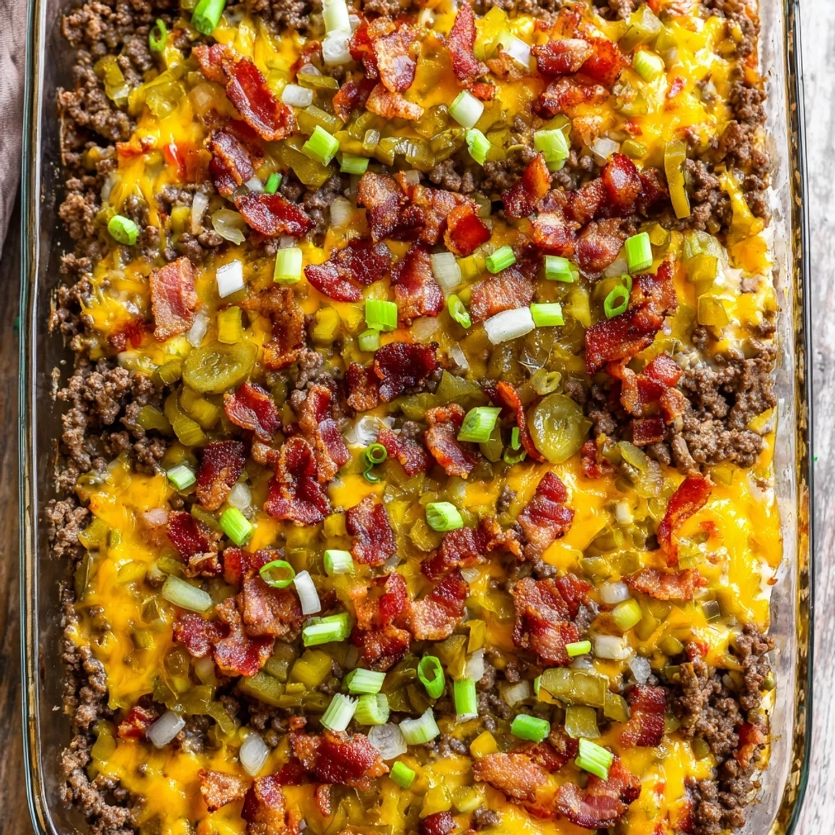 Close-up of Low Carb Bacon Cheeseburger Casserole in a baking dish, bubbling with cheese and topped with green onions.