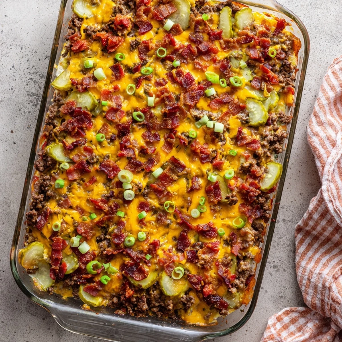 Serving of Low Carb Bacon Cheeseburger Casserole beside a fresh salad for a complete keto dinner.