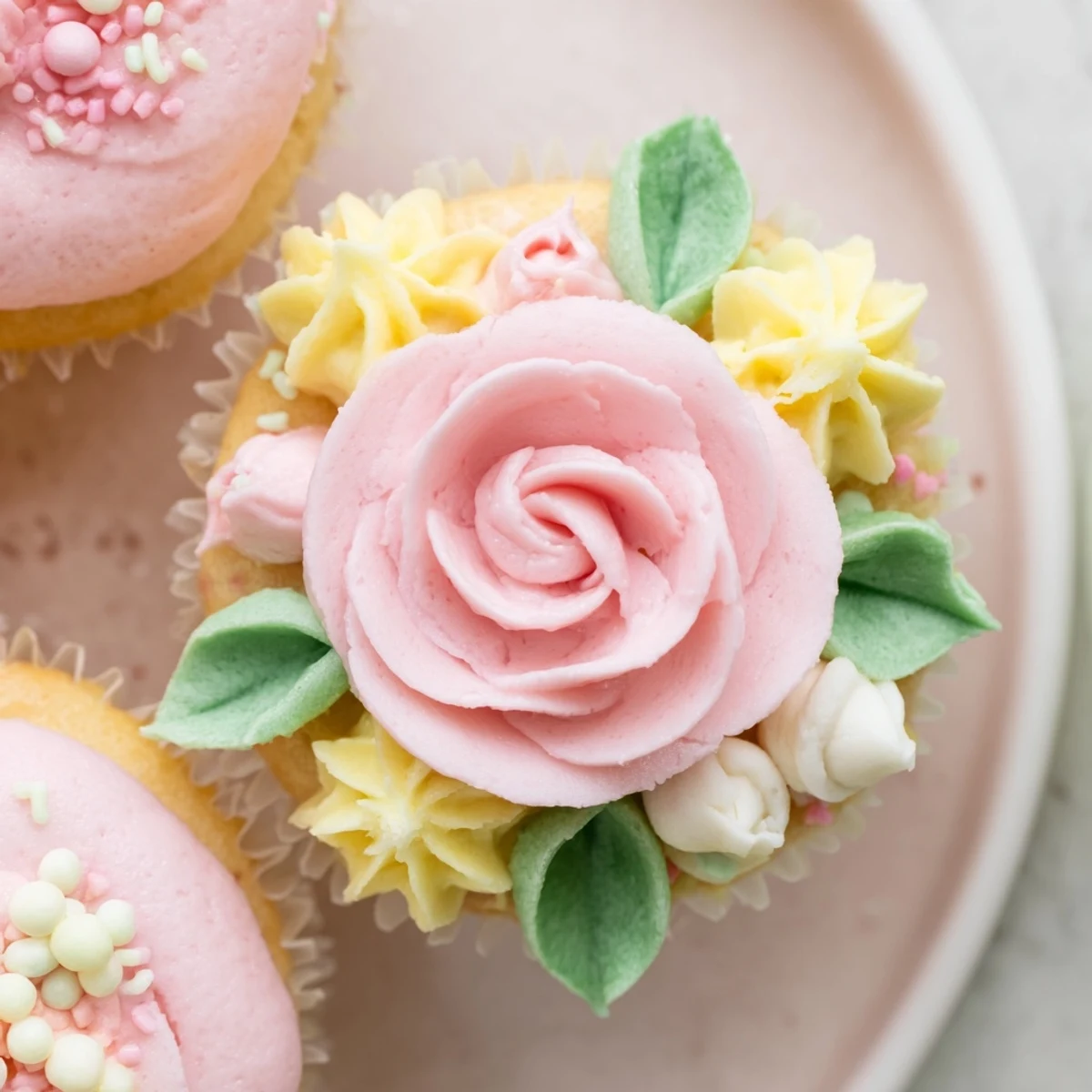 A close-up view of Baby In Bloom Cupcakes decorated with edible flowers and sprinkles.