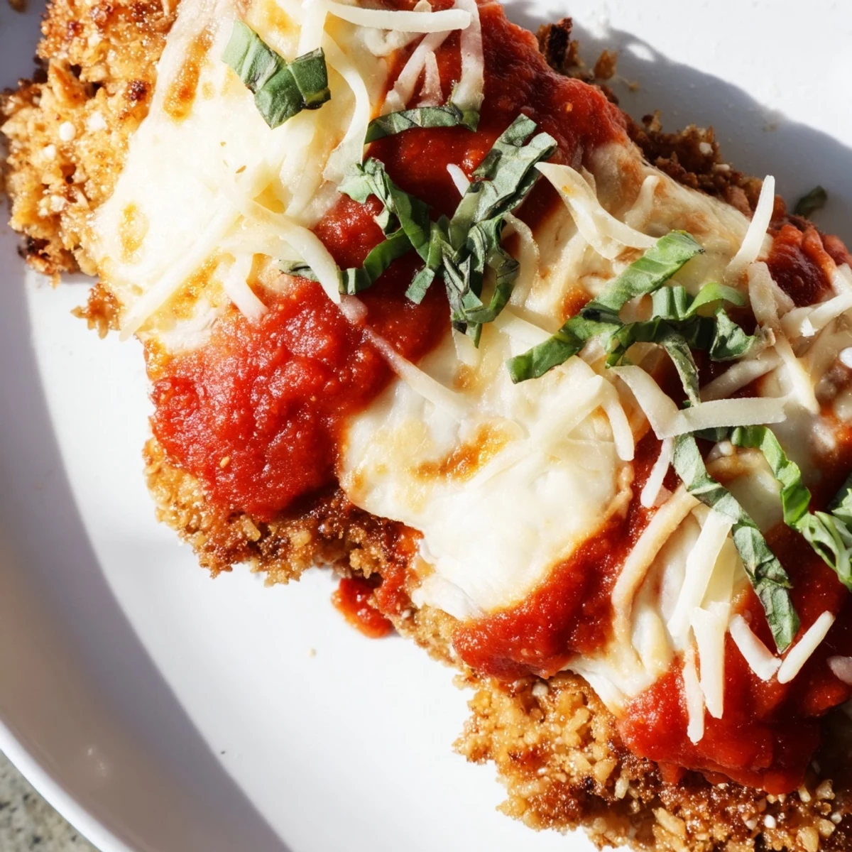 Golden crispy Keto Chicken Parmesan with bubbly mozzarella and fresh basil on a white plate, served with zoodles.