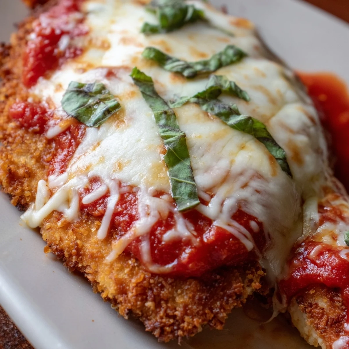 Thick-cut Keto Chicken Parmesan coated in almond flour and pork rind crust, topped with rich marinara and melted cheese.