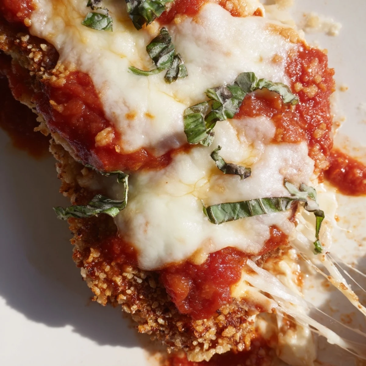 A close-up of golden Keto Chicken Parmesan on a bed of greens, showing a tender slice with gooey cheese.