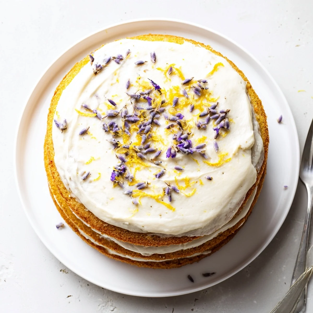 A slice of the London Fog Cake with Earl Grey & Lavender reveals soft crumb layers, frosted with creamy vanilla bean icing and topped with lavender buds.