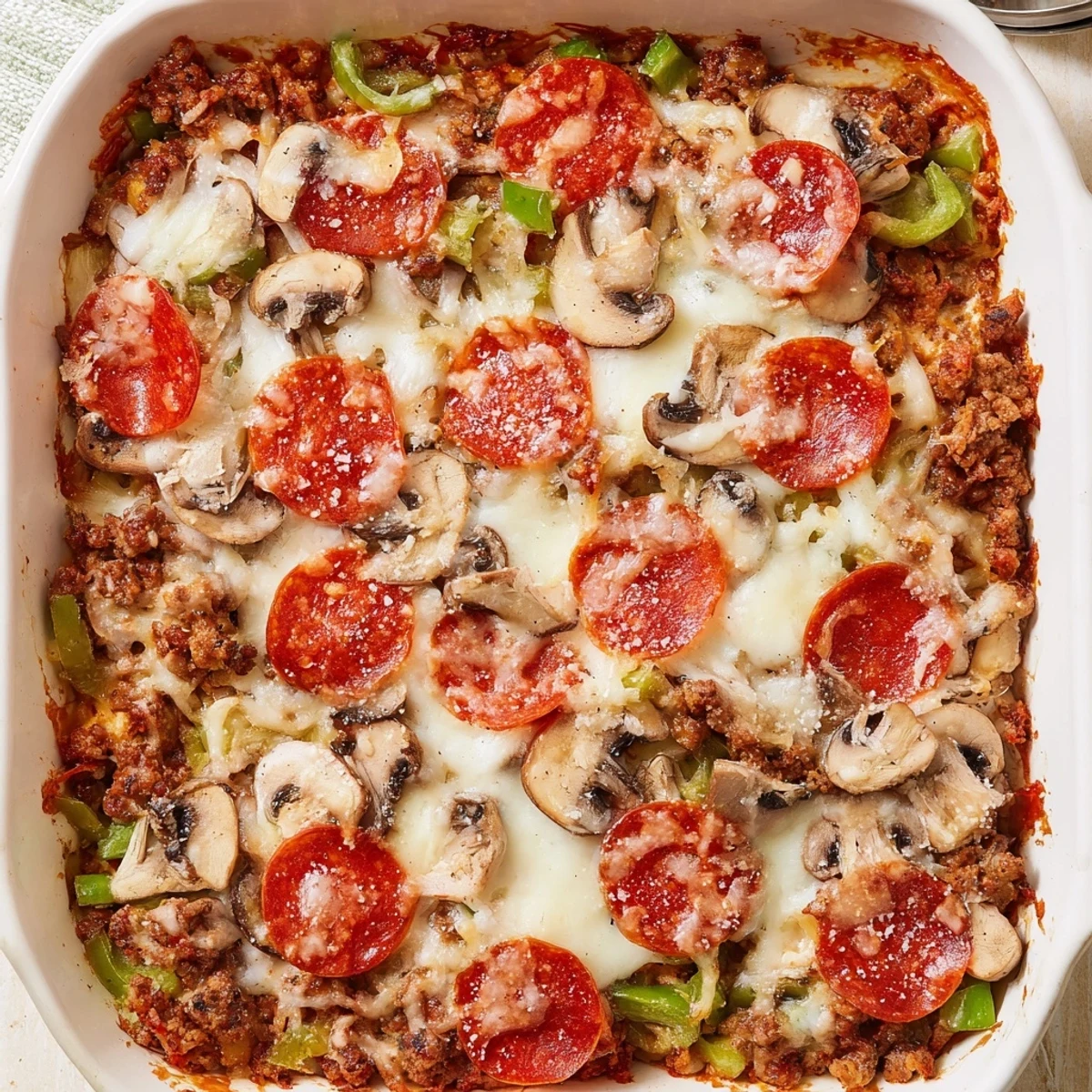 Close-up view of Easy Low Carb Keto Crustless Pizza Casserole served on a white plate, garnished with fresh basil leaves.