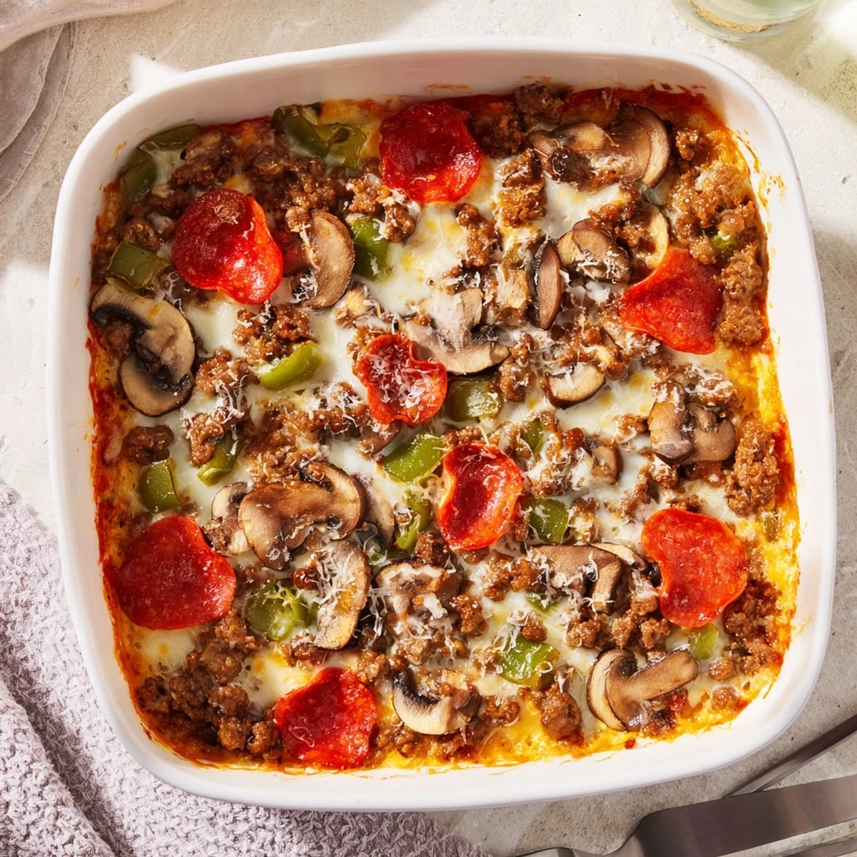 A bubbling Easy Low Carb Keto Crustless Pizza Casserole fresh from the oven, topped with melted cheese and pepperoni slices.