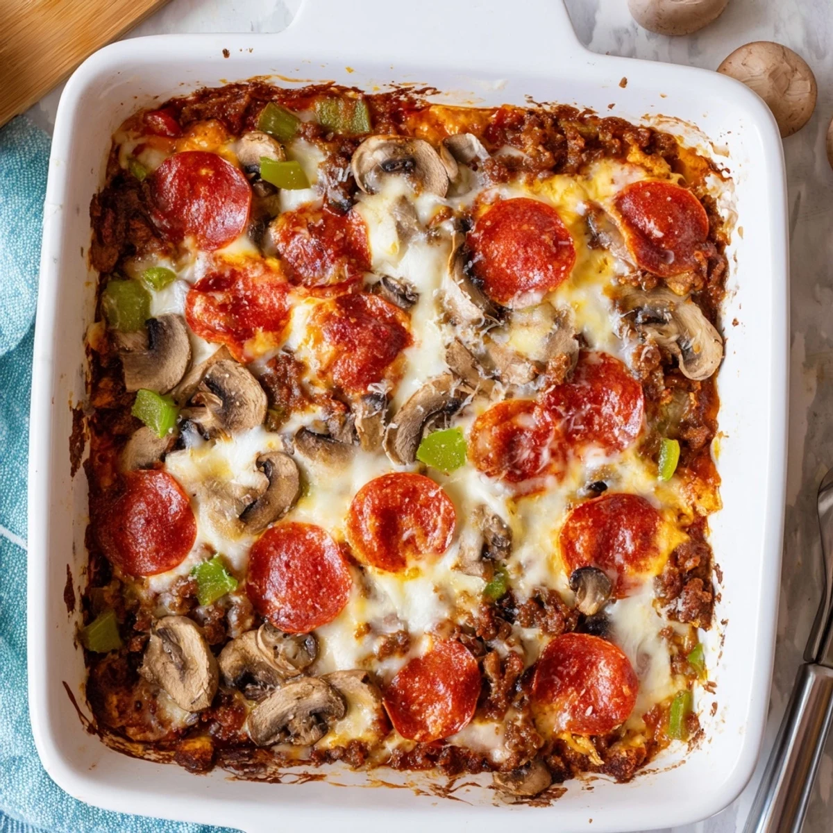 The Easy Low Carb Keto Crustless Pizza Casserole is scooped onto a plate showing layers of sausage and vegetables underneath.