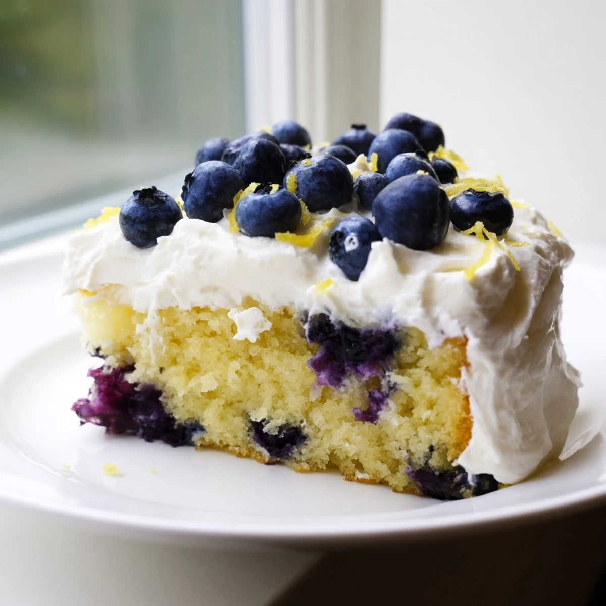 A slice of Lemon Blueberry Cake with Cream Cheese Frosting reveals a moist crumb studded with berries and creamy frosting.