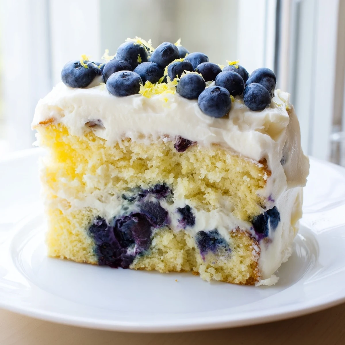 Freshly baked Lemon Blueberry Cake with Cream Cheese Frosting on a white plate, showing soft crumbs and plump blueberries.