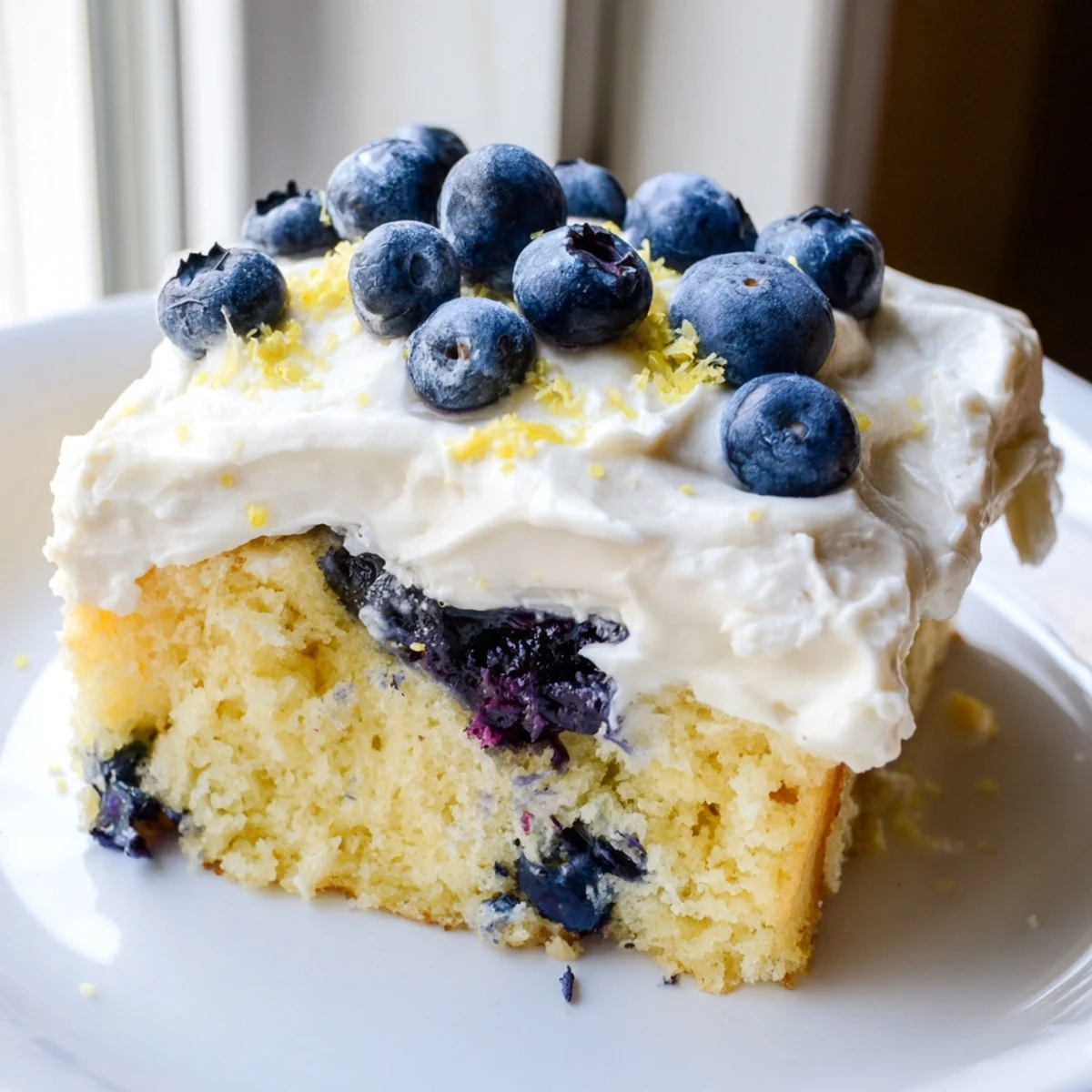 Overhead view of Lemon Blueberry Cake with Cream Cheese Frosting garnished with lemon zest and fresh blueberries for spring gatherings.