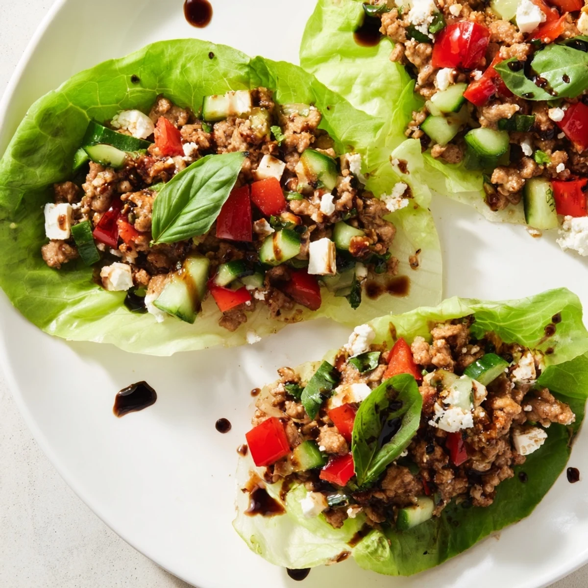 Freshly prepared Italian Lettuce Wraps filled with savory seasoned turkey, juicy diced tomatoes, creamy mozzarella, and fresh basil, served on crisp butter lettuce leaves.