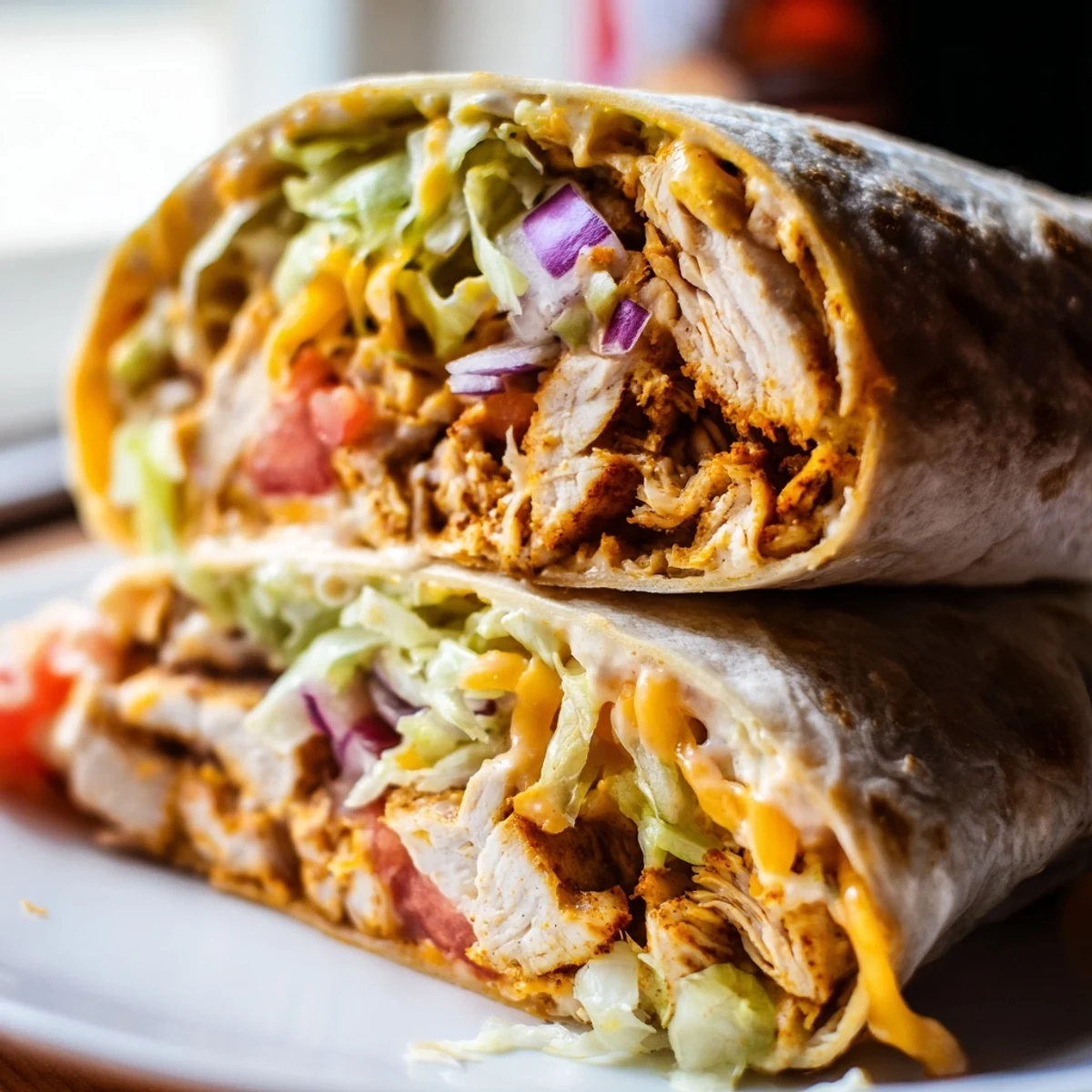 Warm Cheesy Garlic Chicken Wraps with melted mozzarella and cheddar, filled with tender chicken, fresh tomato slices, and creamy garlic sauce.