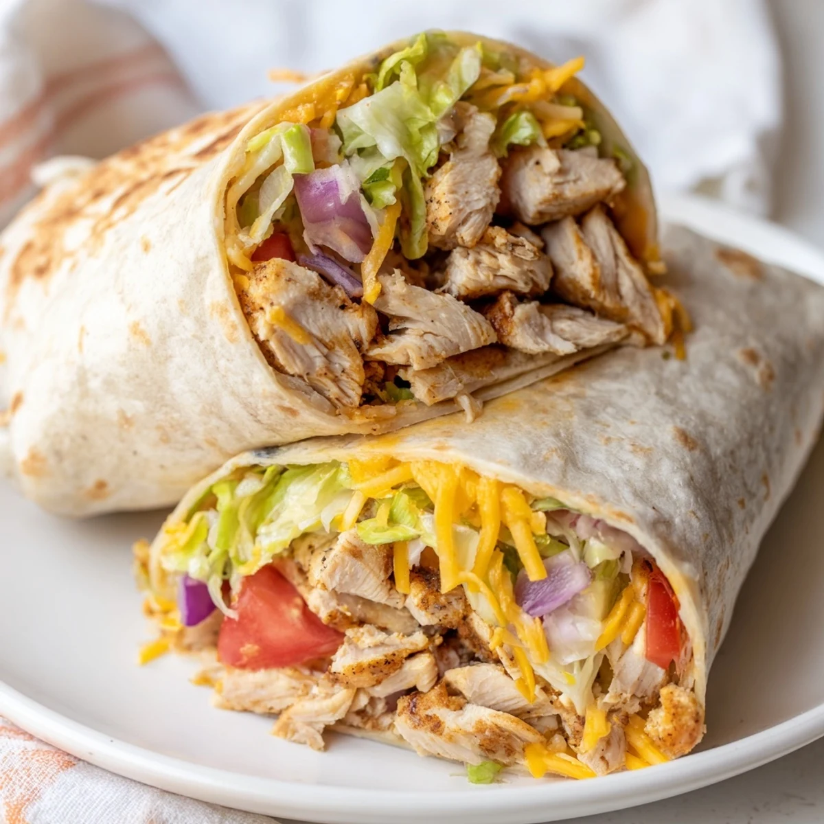 Cheesy Garlic Chicken Wraps feature juicy chicken strips, melted cheese, and crisp lettuce inside a warm flour tortilla for lunch or dinner.