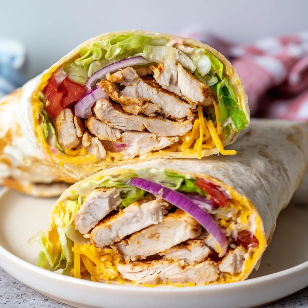 Golden brown Cheesy Garlic Chicken Wraps served sliced in half on a plate, revealing layers of melted cheese, chicken, and veggies.